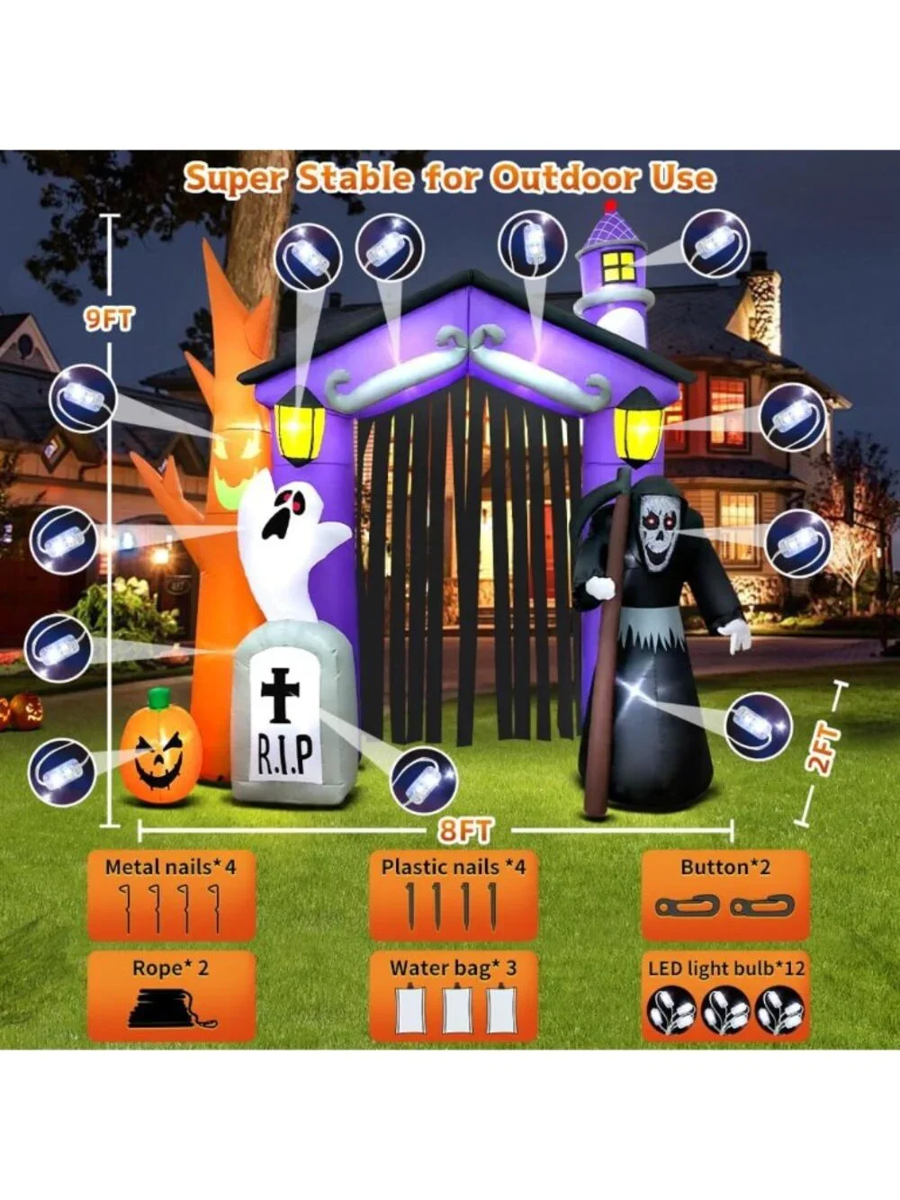 9FT Halloween Inflatable Haunted House Archway with LED Lights - Outdoor Yard